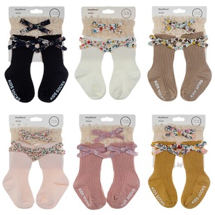 Korean Style Baby Floral Lace Hair Band Socks suit Baby Floor Socks Children Drop-resistant Non-slip Crawling Socks Ins