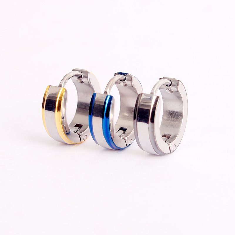 Japanese and Korean Fashion Personality Electric Blue Stainless Steel Hoop Earrings for Men, Simple and Versatile Ear Cuffs, Cross-Border Trendy Hip-Hop Earrings