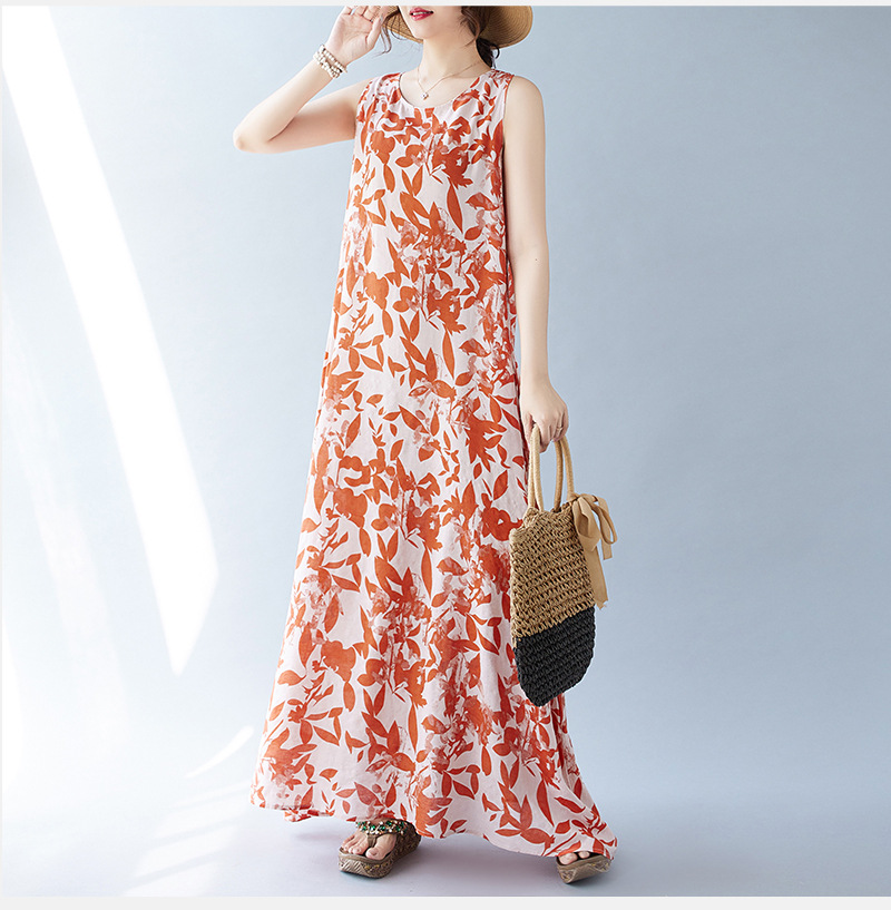 Real Shot Of The 2024 Summer New Bohemian Artistic Loose Sleeveless Round-neck Printed Mid-length Dress For Women_ecoleips.com