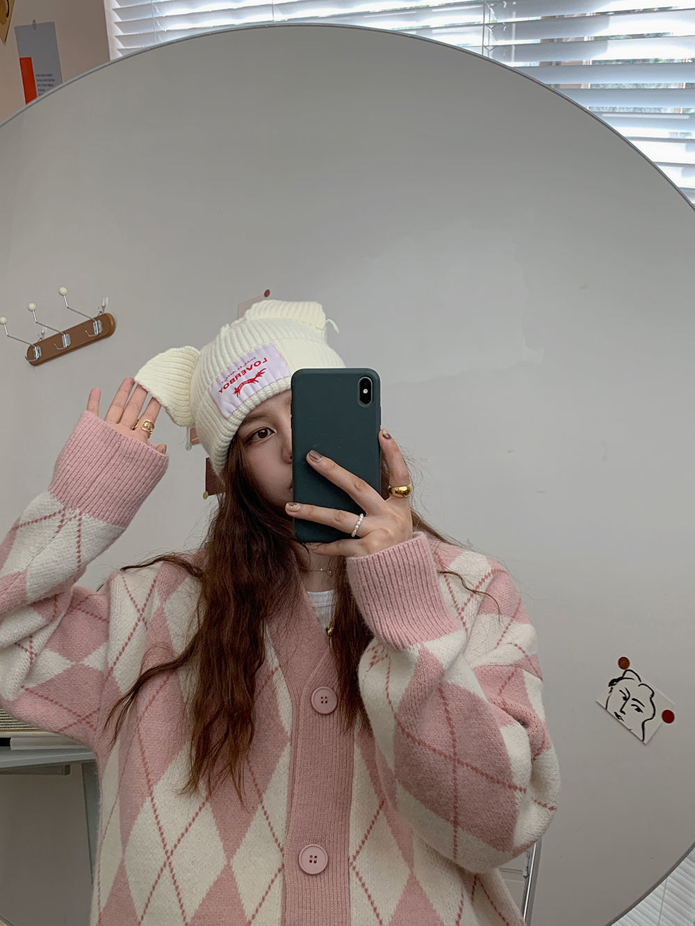 代发菱形开衫毛衣女 秋冬新款宽松v领针织开衫慵懒风长袖外套厚潮