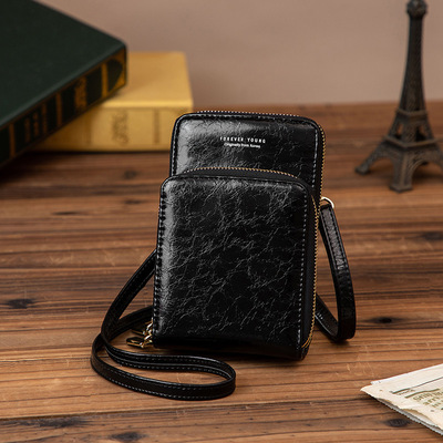 2021 new pattern Mobile phone bag Korean Edition Retro Dual zippers Vertical section Oil skin The single shoulder bag Trend fashion Inclined shoulder bag
