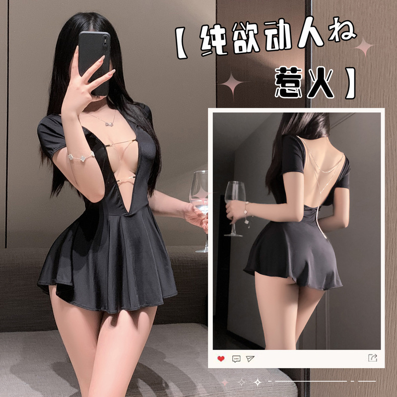 End-Of-Season Sexy Deep V-Neck Diamond Chain Dress, See-Through Hollow-Out Lingerie, Hot Backless Clubwear 9086