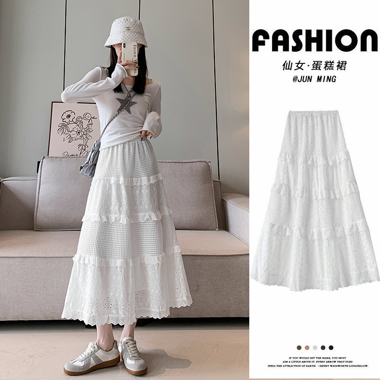 Cake Skirt Women's Spring and Autumn New Elegant Lace Pleated Skirt Slimming Small Mesh High Waist A- Line Long Skirt