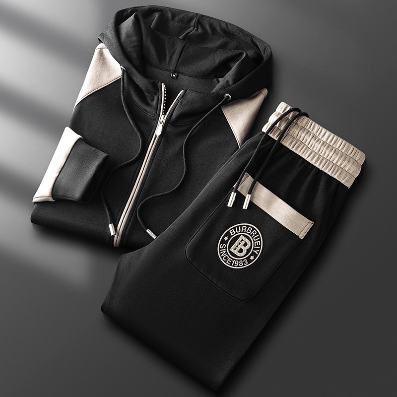 Autumn and winter color matching modal space cotton hooded sweater casual sports suit men's pants casual cardigan coat