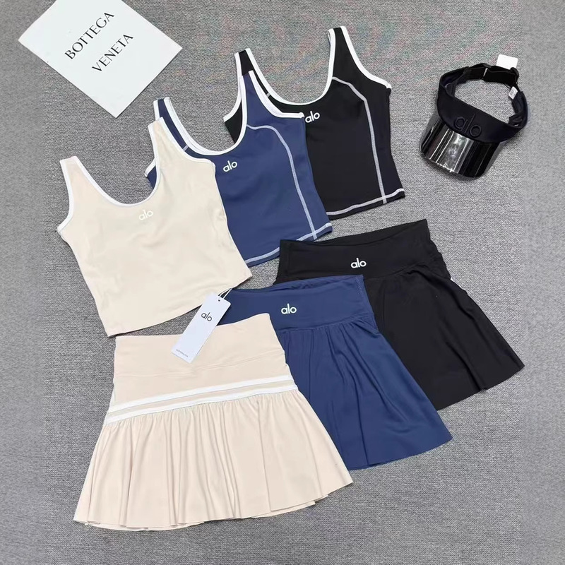 Alo Cross-Border Visible-Stitching Naked-Feel Sports Set Quick-Dry High-Waist Yoga Set Women's Anti-Exposure Running Fitness Set