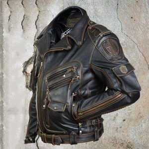 独立站wish机车服拉链开衫皮革纽扣多口袋装饰皮夹克外套男图片