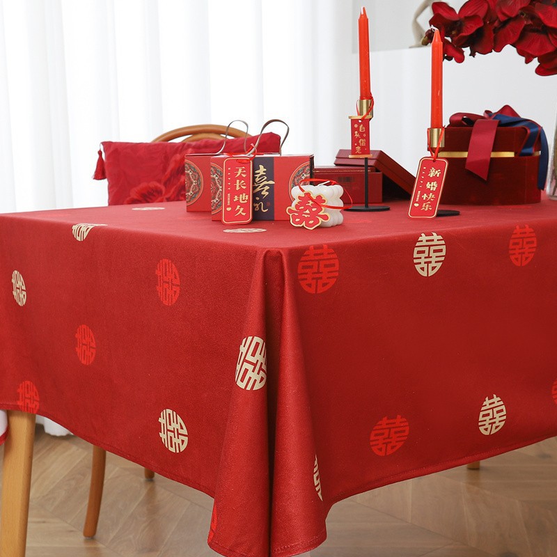 Double Happiness Red Tablecloth Wedding Rectangle Festive Bridal Celebration Engagement Chinese Round Tablecloth Tea Table Cloth