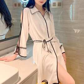 官图夏季新款经典重工睡裙女开衫翻领蕾丝花边绑带露肩镂空家居服
