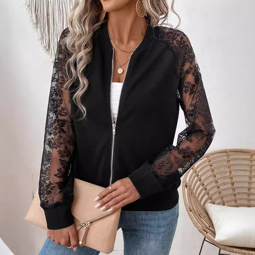 Eurasian Cross-border 2025 Spring New Elegant Women's Lace Patchwork Long-Sleeve Baseball Collar Jacket Top Outerwear
