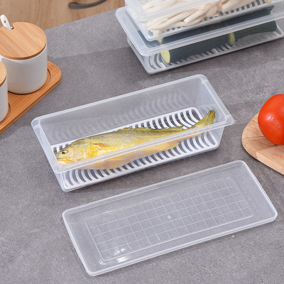 廚房瀝水保鮮盒塑料魚盒海鮮蔬菜防串味長方形冰箱冷藏儲藏盒批發