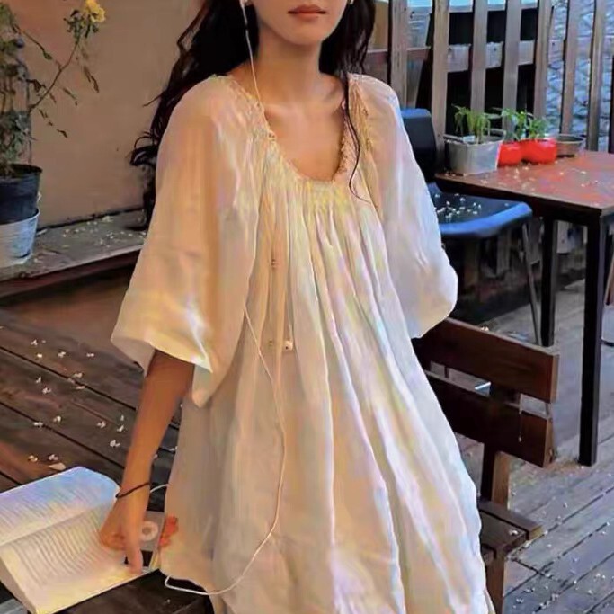 Zhang Ruonan's Same Style White U-Neck Shirt Dress for Women in Summer Loose Lace-Up Age-Reducing Raglan Sleeve Pleated Skirt