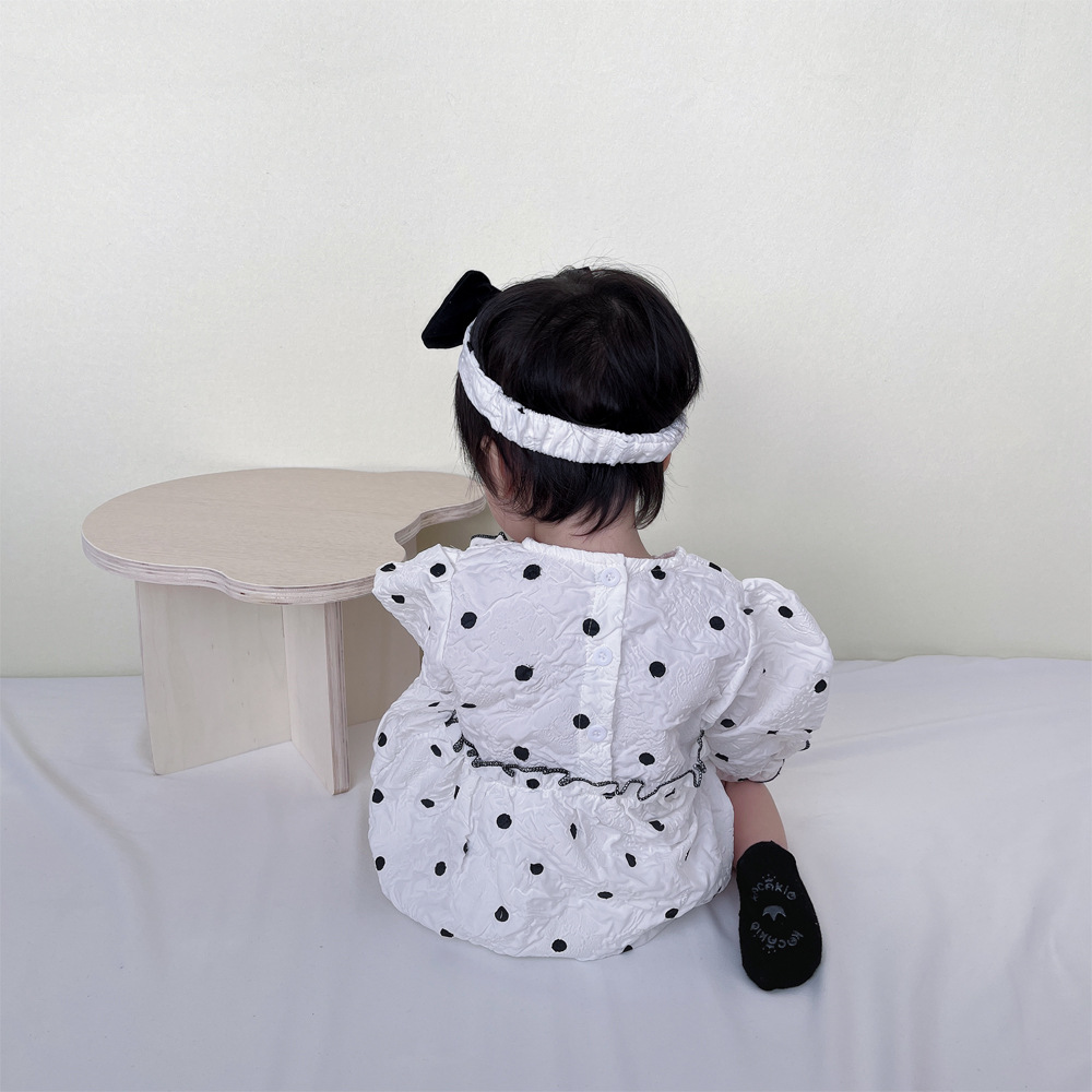 Estilo coreano ins niñas 'impreso lunares de una pieza mameluco 2022 recién nacido suave con pañuelo triángulo mameluco