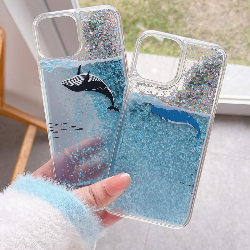 Suitable for Iphone17Promax Blue Whale Orca Glitter Liquid Sand Case Apple 16 Samsung S25U Liquid Phone Case
