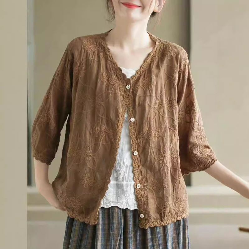 Ancient Cafe Clothing Summer New Artistic Cotton Double-sided Embroidered Seven-sleeve Shirt Women's Vintage Lace V-neck Top