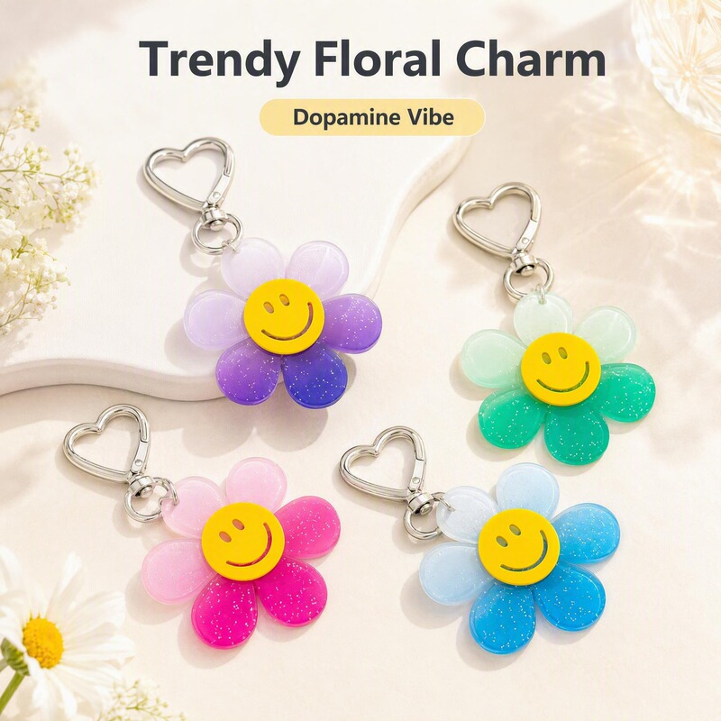 Dopamine-colored glittery smiley face flower keychain, acrylic sunflower keychain, cross-border backpack charm