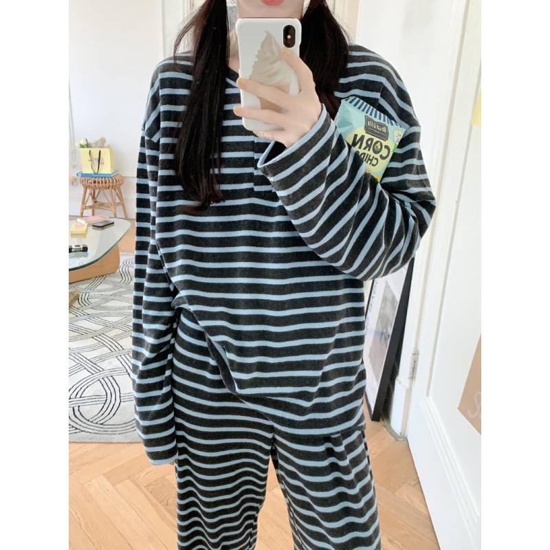 Real Shot of 2025 Korean Style Simple Pajamas Knitted Stripesd Terry Cloth Fabric Long-Sleeved Pants Home Wear Suit for Women Real Shot of 2025 Korean Style Simple Pajamas Knitted Stripesd Terry Cloth Fabric Long-Sleeved Pants Home Wear Suit for Women
