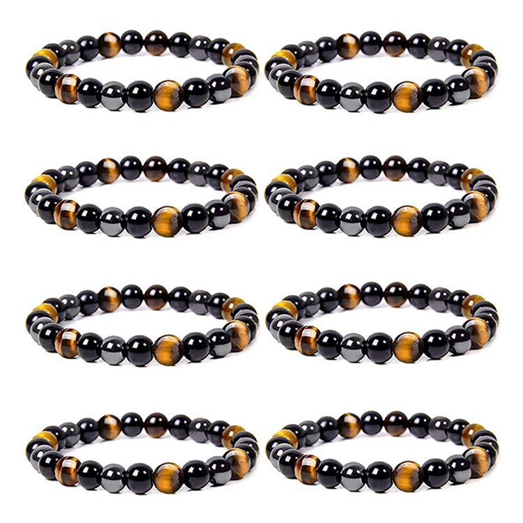 Triple Protection Bracelet Handmade Elastic Round Bead Adjustable Bracelet Hematite Obsidian Yellow Tiger Eye Men's Bracelet
