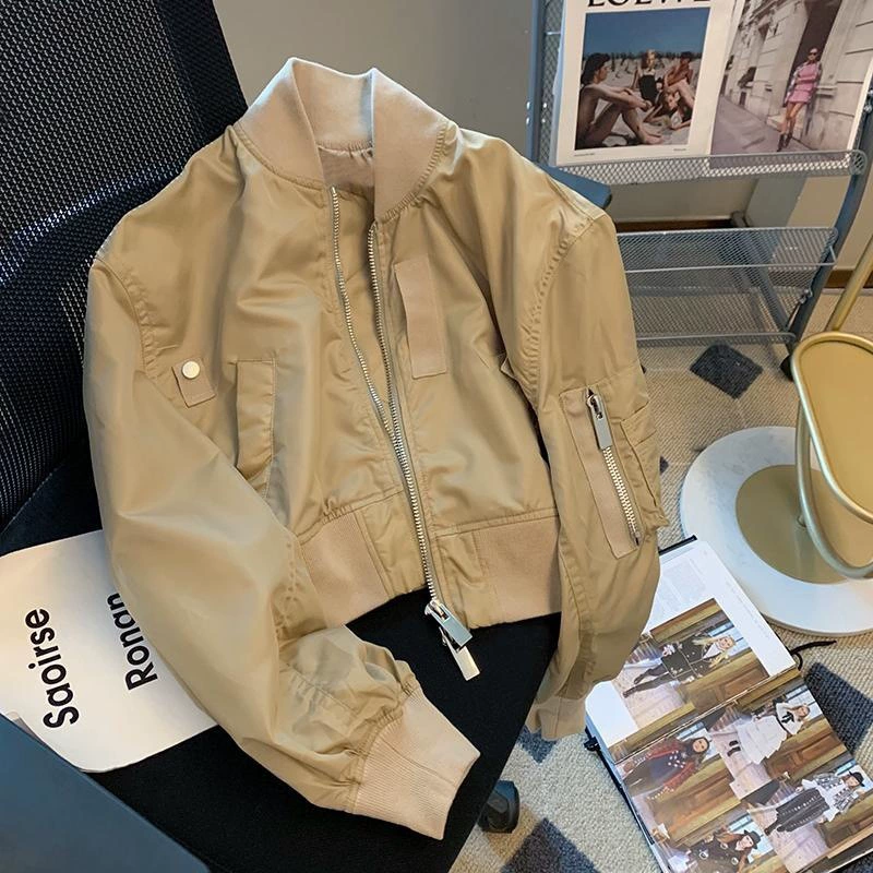 Куртка ретро в американском стиле oversize, бомбер хаки с резинками и молнией