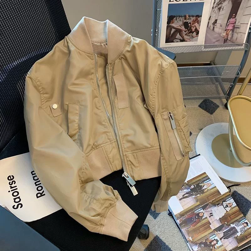 Куртка ретро в американском стиле oversize, бомбер хаки с резинками и молнией