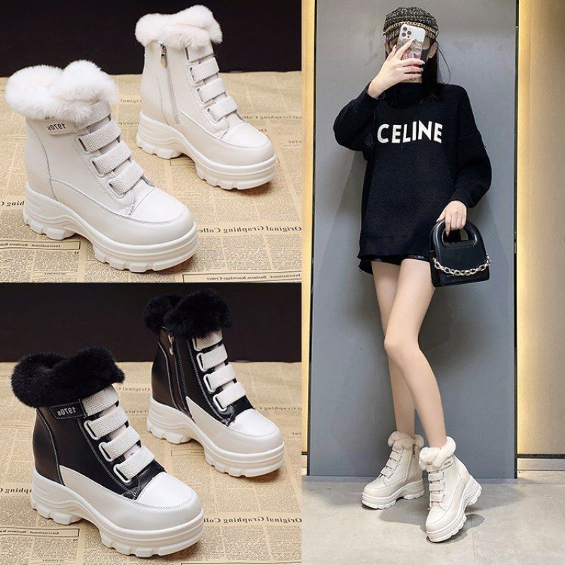 Doposci da donna 2024, la nuova altezza interna ispessita in peluche invernale aumenta i versatili stivali Martin, pelle e pelliccia_voghion.com