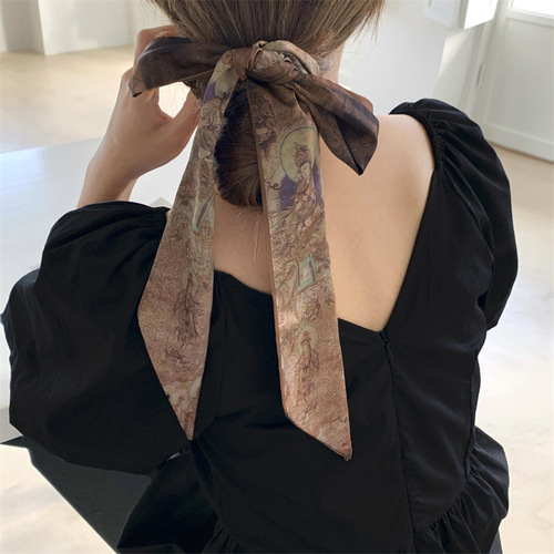 Such as Dunhuang artistic long elegant double-sided small silk scarf Chinese style hair tie hair spring and autumn decoration scarf