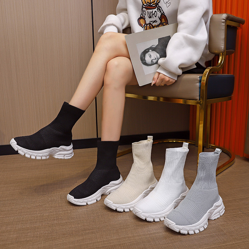 Foreign trade spring and autumn flying woven elastic socks boots new mid-calf socks fashion casual lightweight breathable slip-on women's boots
