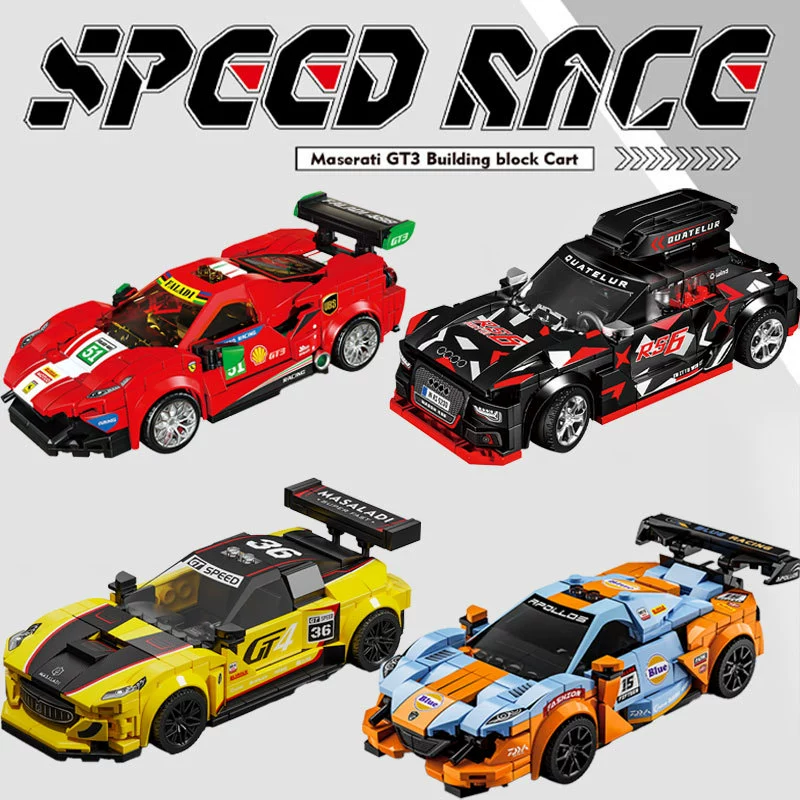 Building set (Lego) pull‑back racing car models, various piece counts and gift boxes