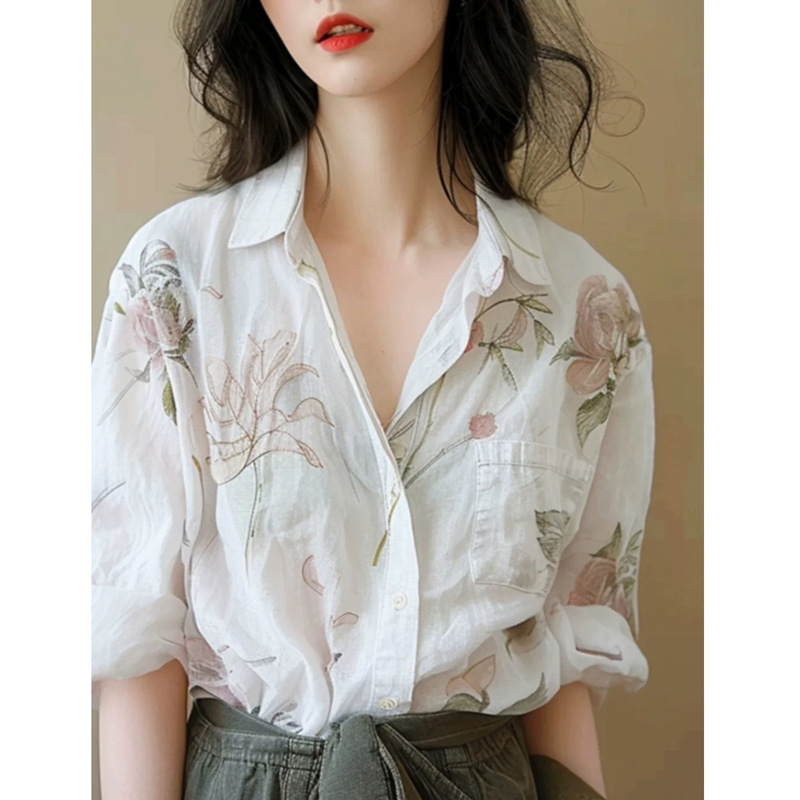 Niche Design Unique and Beautiful Printed Cotton and Linen Top Women's French High-end Linen White Shirt Shirt