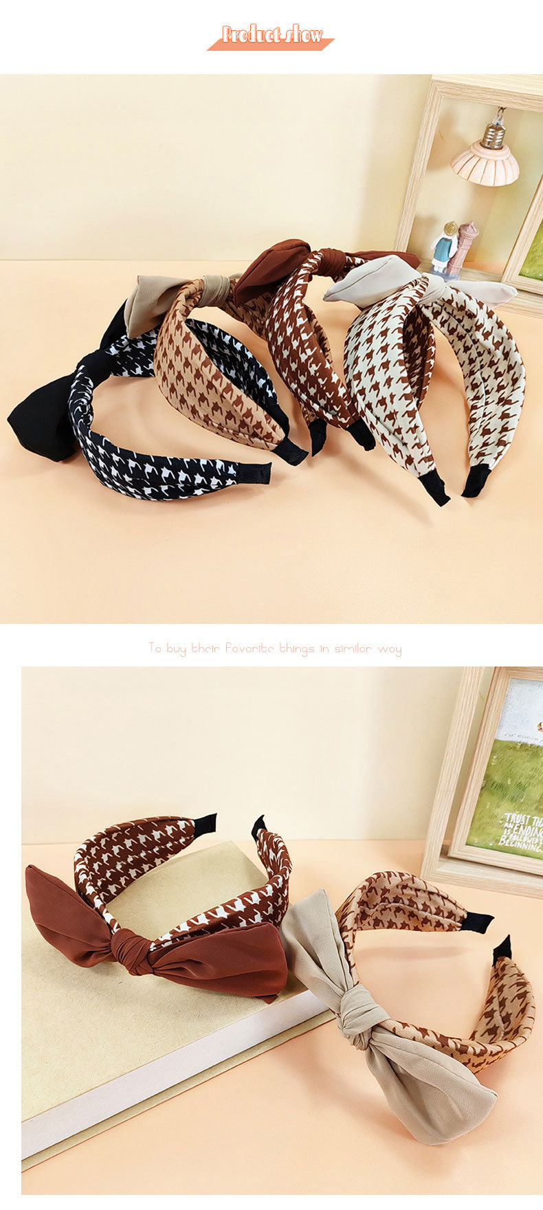 Korean Fabric Wide-brimmed Bow Headdress Houndstooth Rabbit Ears Headband display picture 3