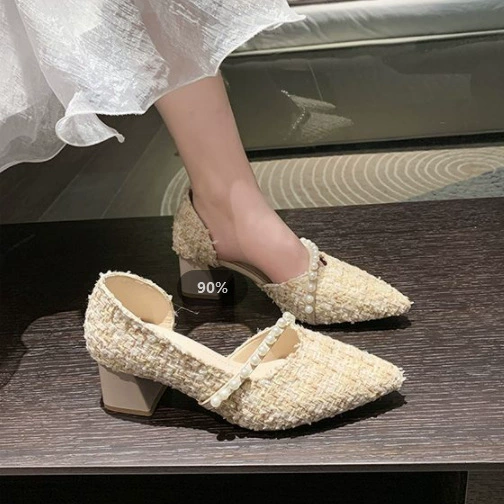 Французские одиночные туфли женские толстые каблуки 2023 новый весенний дикий ночной ночной ветер