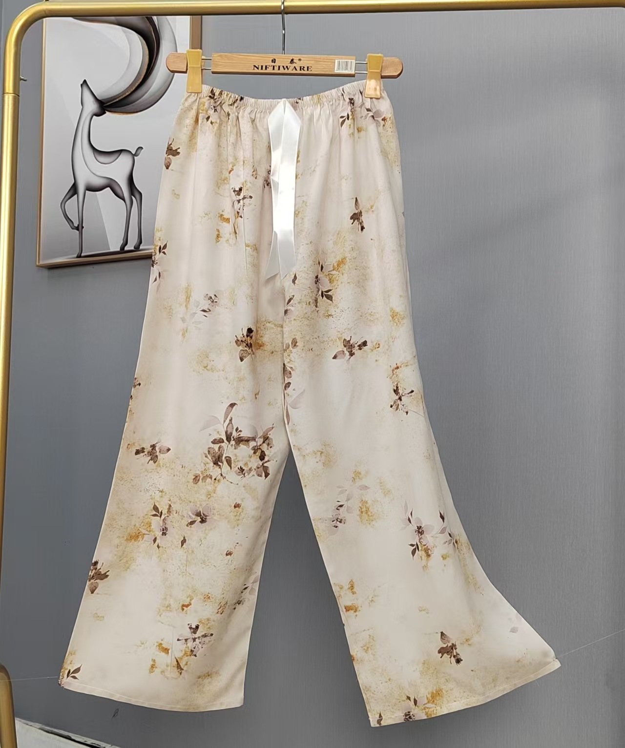 Pijama de seda de algodón para mujer, pantalones anchos de mujer embarazada de seda de algodón con estampado fino de verano