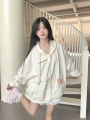 国潮のかわいい熊の波点のカーディガンの男女の秋冬の金のゆったりしている学院の風のファスナーのコート