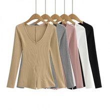 拉链连身裤2024v领运动欧美连体短裤外贸女装辣妹性感外穿长袖棉