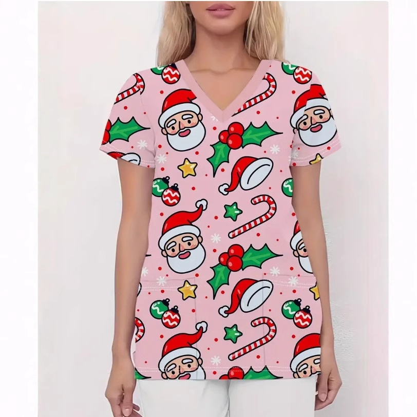 2025外贸跨境V领女装短袖印花圣诞休闲女医用护士服