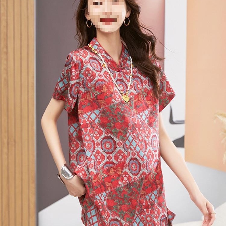 品质保证减龄中年女透气真丝新中式国风改良唐装短袖斜襟衬衫上衣|undefined