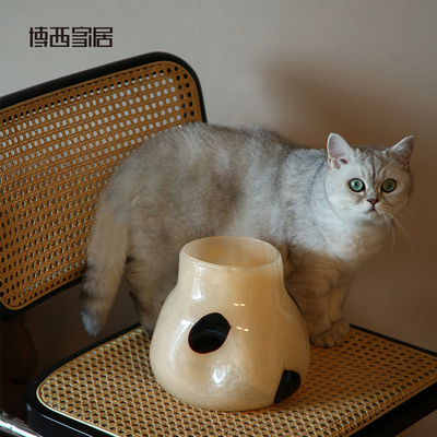 博西家居 珍珠奶茶波點敞口玻璃花瓶 ins家居軟裝飾品客廳小花器