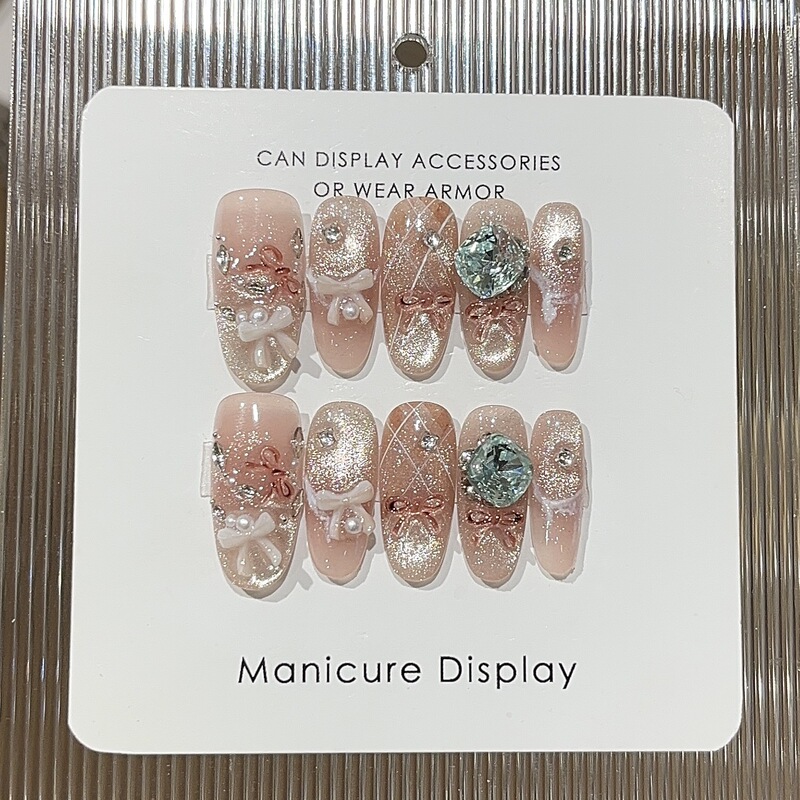 A Pair of [Lola Coco] Pure Lustful and Sparkling Peach Pink Plaid Cat-Eye Bowknot Rhinestone Nail Tips