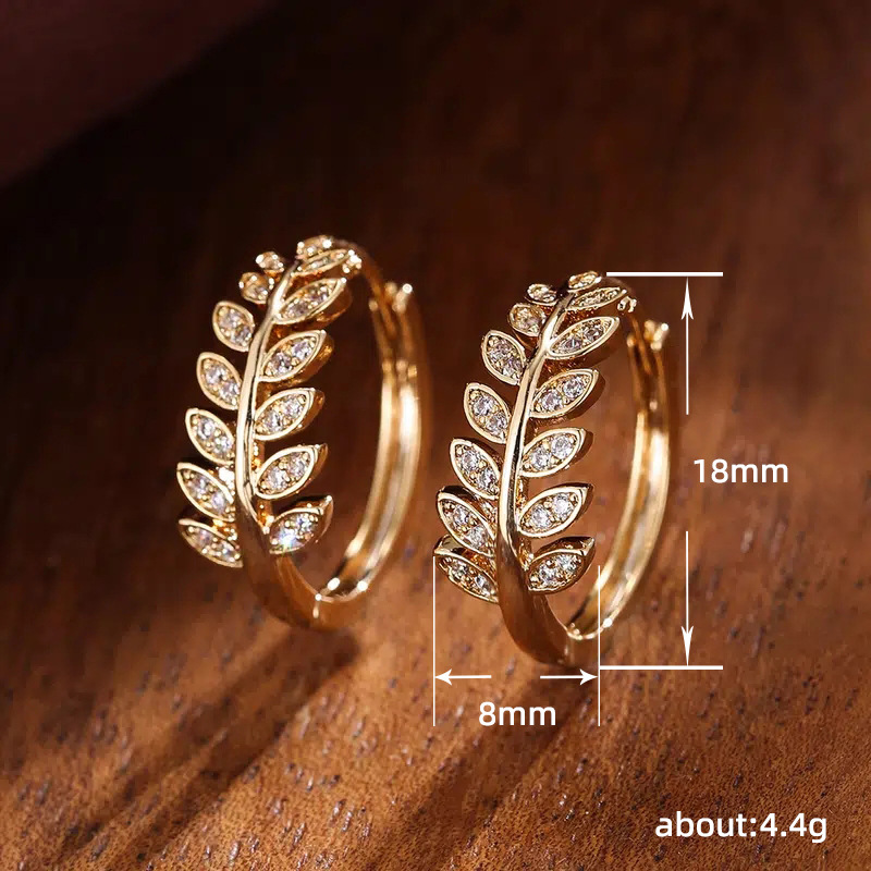 8g Weight Zircon Inlay Material Hoop Earrings Classification 1 Pair Quantity Holiday, Daily Occasion Copper Material Leaf, Grain Pattern Women's Gender IG Style, Simple Style Style 1 Pair Ig Style Simple Style Leaf Grain Copper Zircon Hoop Earrings 无