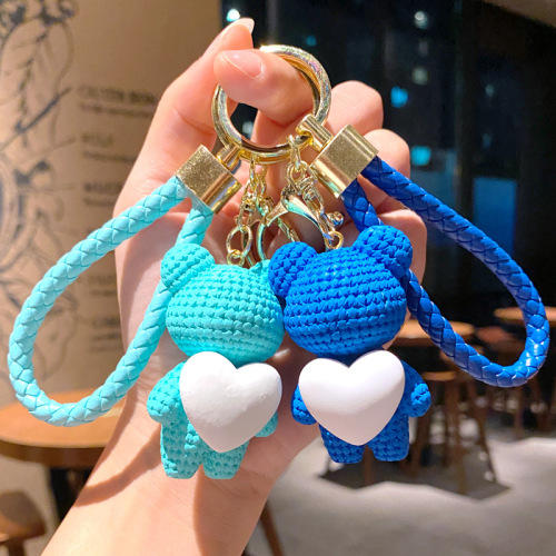 Cartoon yarn love knitted bear pendant car key chain high-end school bag accessories couple key chain wholesale