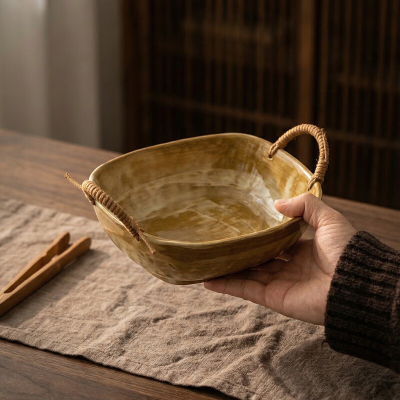 Japanese-Style Retro Coarse Pottery Bowl with Hemp Rope Handle, Handmade Ceramic Rice Bowl, Soup Bowl, Fruit Bowl, Salad Bowl Japanese-Style Retro Coarse Pottery Bowl with Hemp Rope Handle, Handmade Ceramic Rice Bowl, Soup Bowl, Fruit Bowl, Salad Bowl