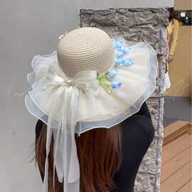 田园风蕾丝花边草帽女款夏季海边度假风沙滩帽户外防晒大檐遮阳帽