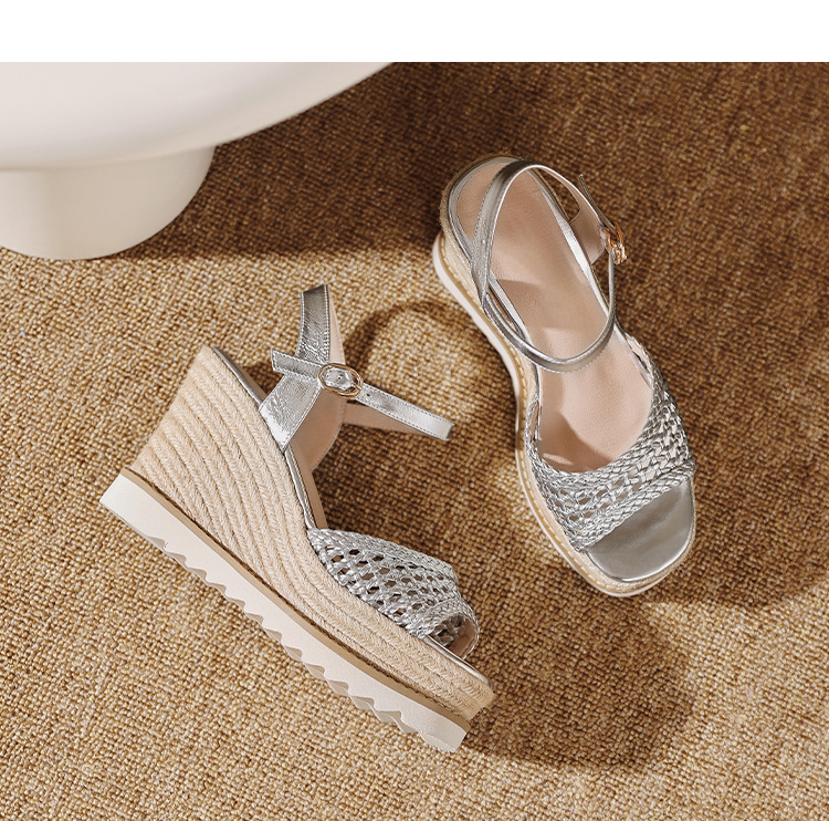 Sandal cao gót nữ mũi vuông hở ngón, đế xuồng đan rơm, gót 9 cm — màu vàng, bạc chi tiết 16