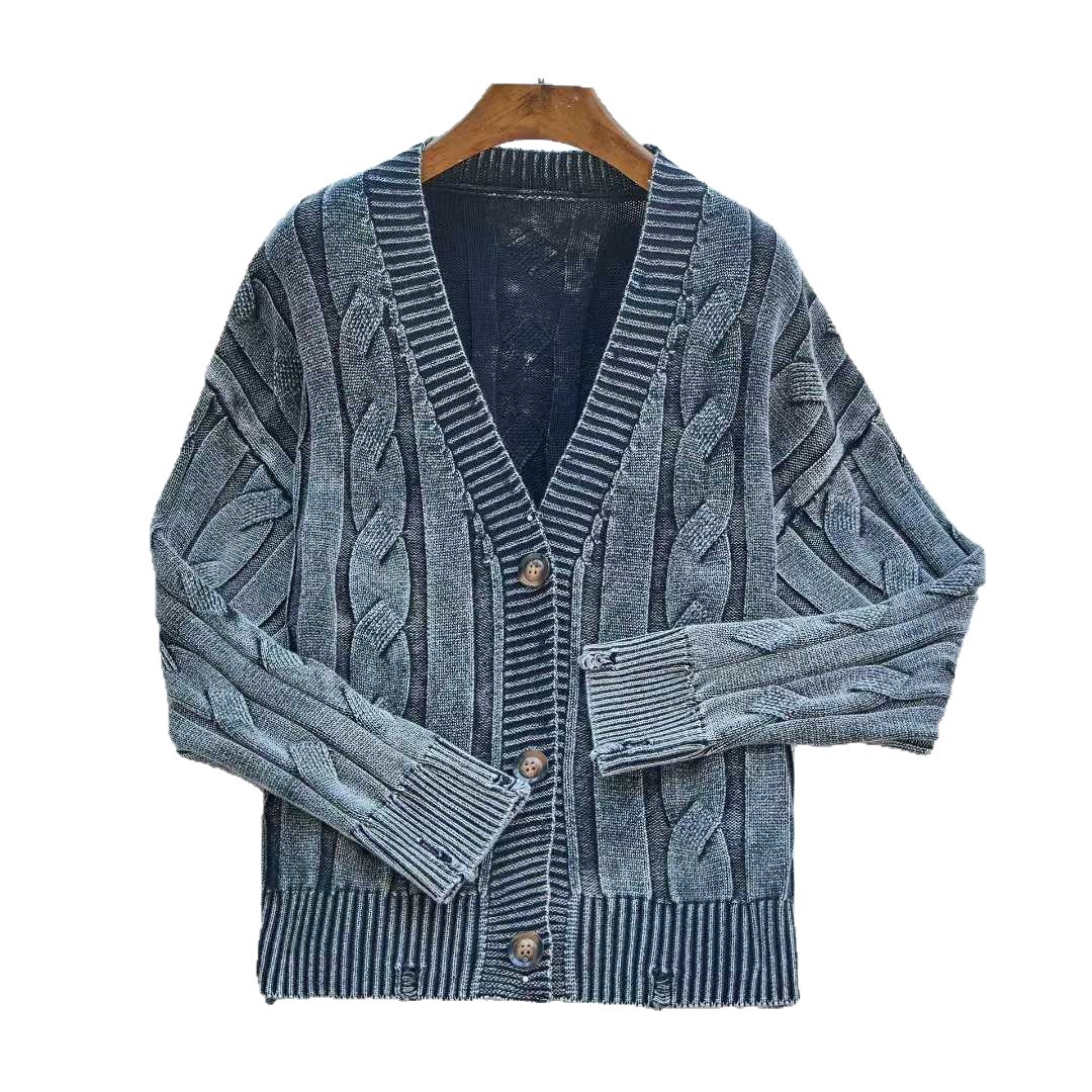 Coreano retro cuello redondo torcido de camisa de punto de mujer otoño y invierno nuevo estilo para hacer viejos agujeros suéter suelto chaqueta de mujer image 6