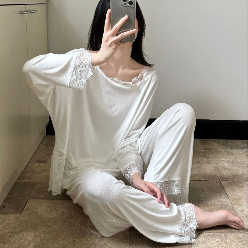 One-Shoulder Pure Lust Style Lace Splicing Korean Style Pajamas Modal Loose Casual Long-Sleeved Home Clothes for Outer Wear