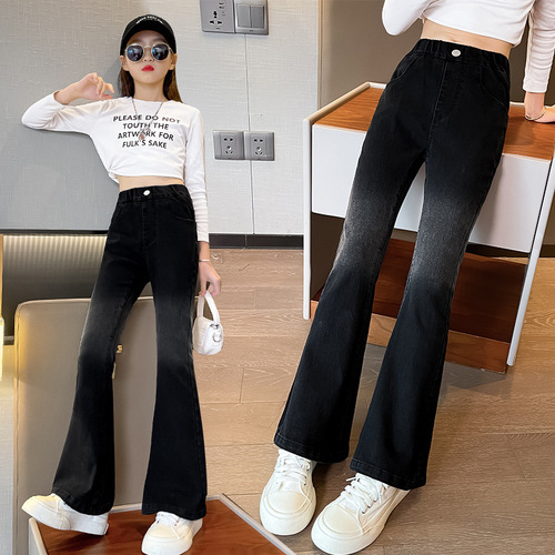Kids' Fall Pants - Loose Straight Leg Casual Gradient Bell Bottoms for Girls - Stylish Black Denim Jeans Wholesale