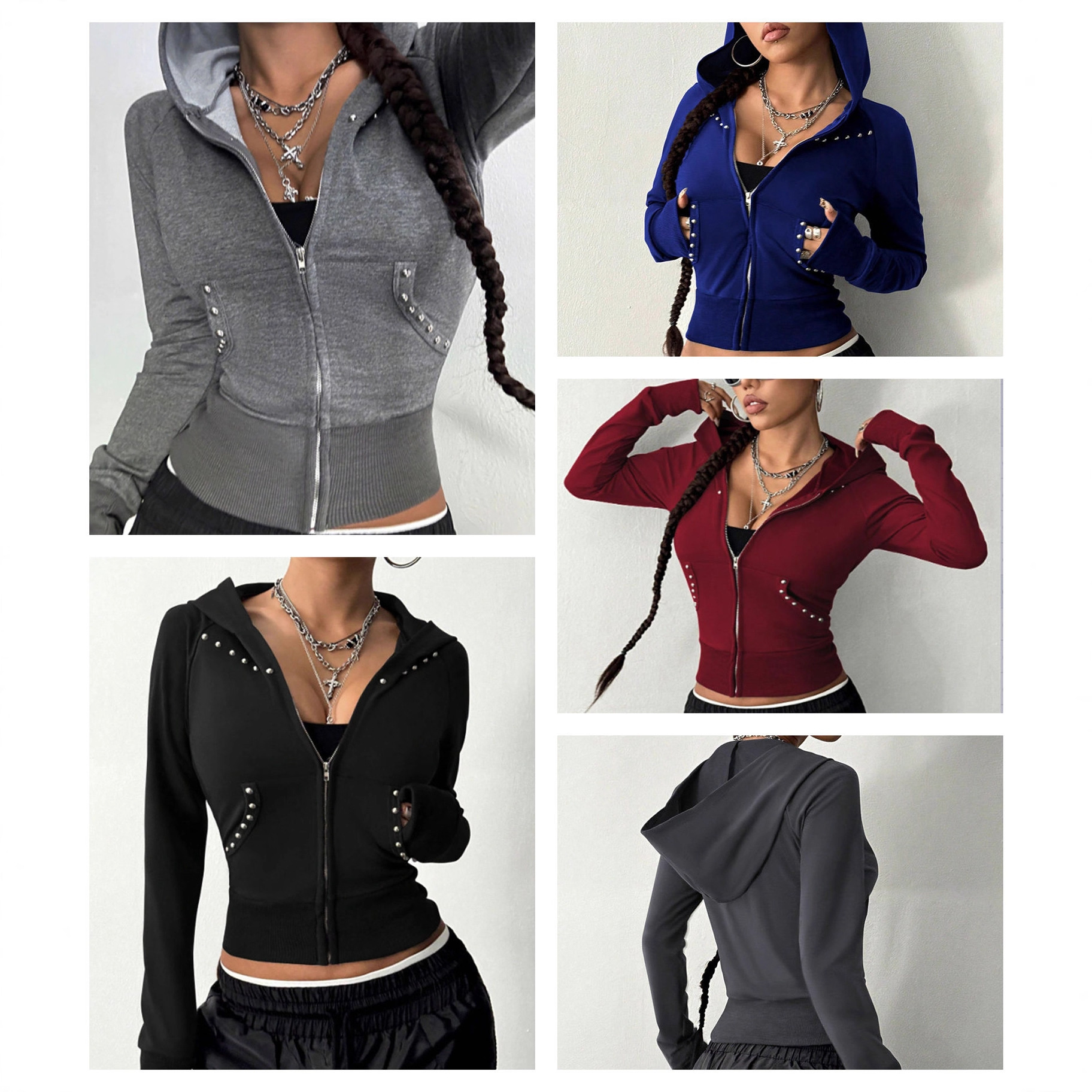 In Stock - 73122 Amazon European and American Style Slimming Versatile Beaded Hooded Women's Sweatshirt Top Cardigan Jacket