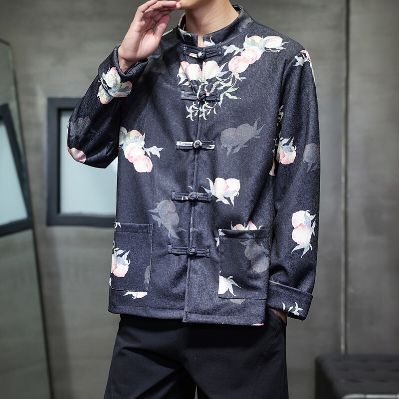 Cross-Border 2026 Autumn New Chinese Style Jacket, New Chinese-Style Peach-Patterned Tang Suit, Retro Hanfu Shirt for Men