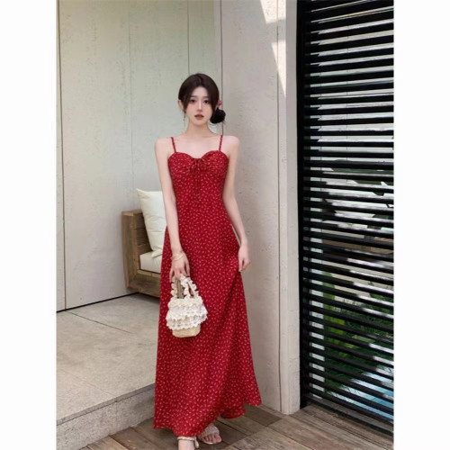 Summer Korean Pure Desire Red Floral Tank Top Dress French Vacation Slimming Elegant Long Dress for Women