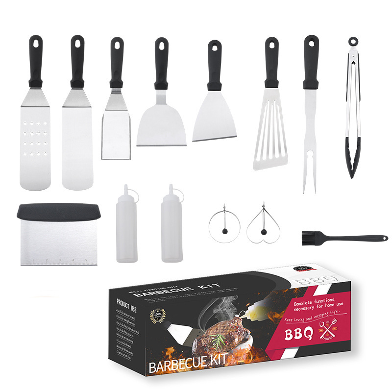 Juego de herramientas de barbacoa de acero inoxidable, popular en el mercado internacional, para exteriores, espátula para barbacoa, espátula para teppanyaki, juego combinado de herramientas.