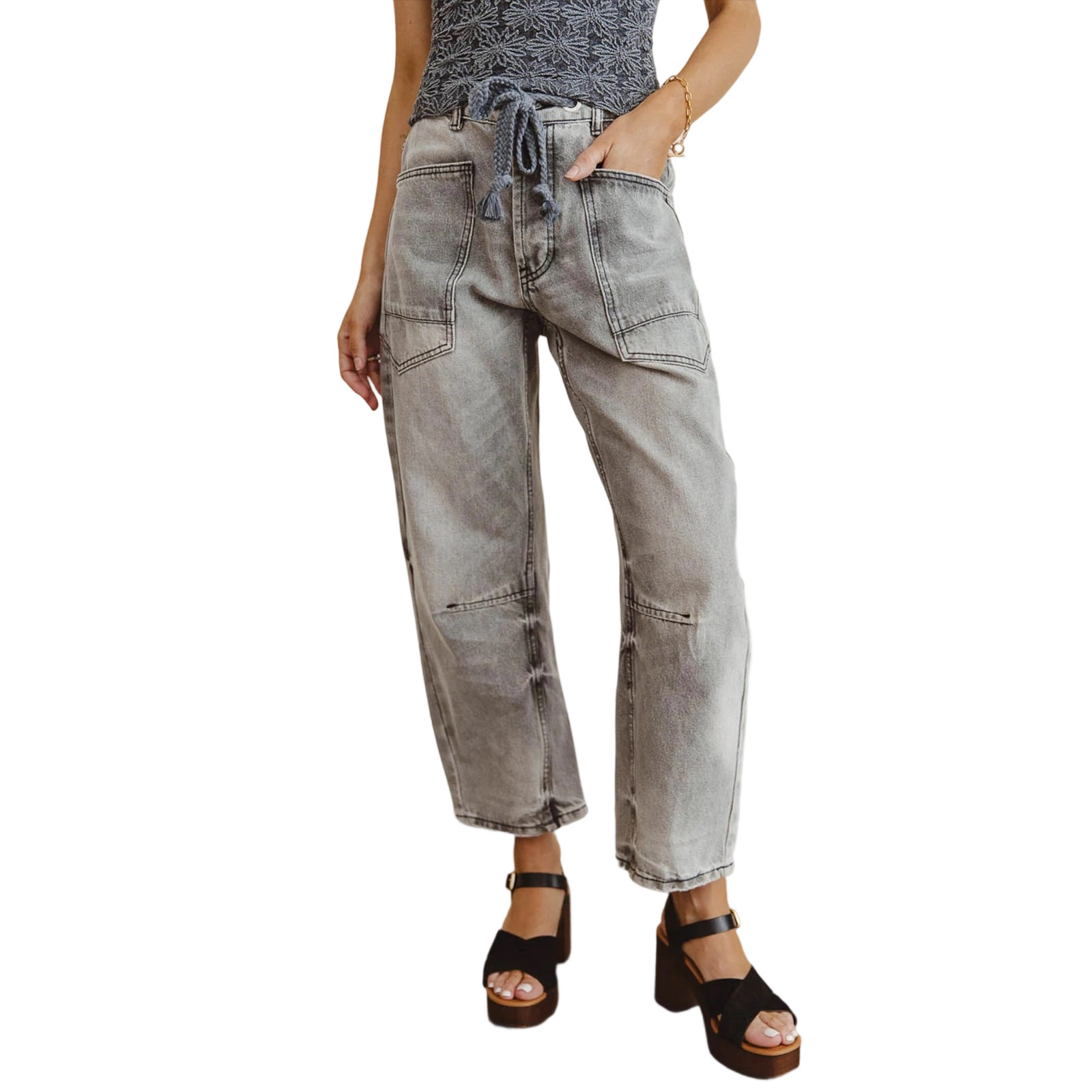 Jeans Rectos con Cordón para Mujer, Mezclilla de Algodón y Poliéster, Cintura Media, Corte Holgado, para Uso Casual